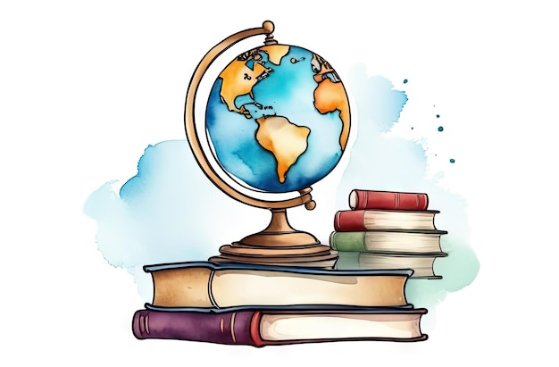 Ilustracja akwarelowa globusa i książek
