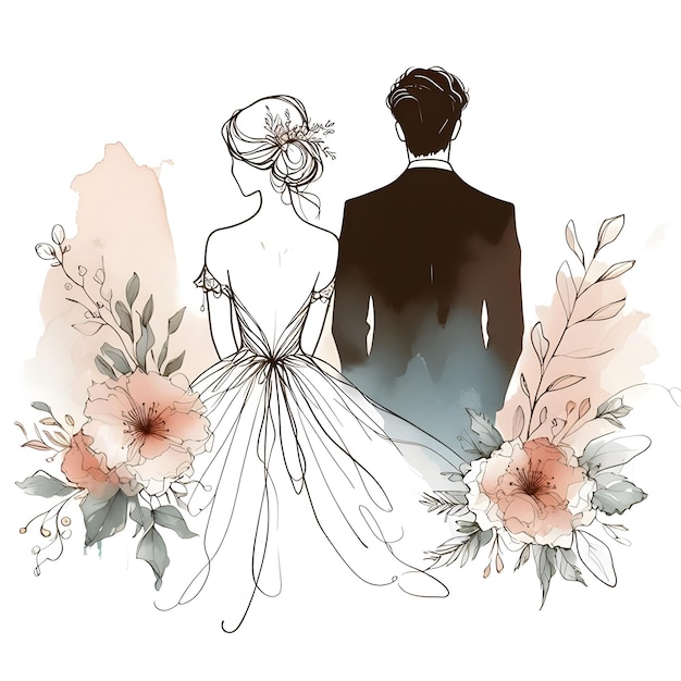 Ilustracja akwarelowa kochającej się pary nowożeńców, panny młodej i pana młodego