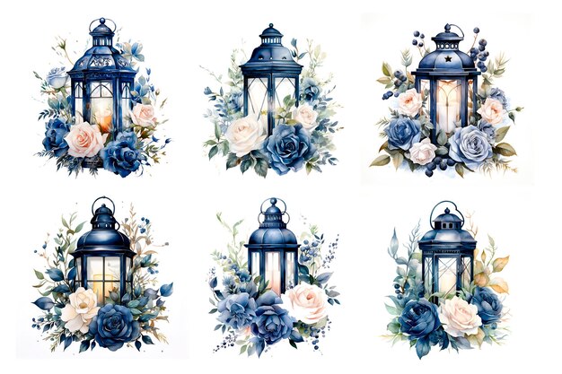 Ilustracja akwarelowa latarnia ślubna z kwiatami niebieski