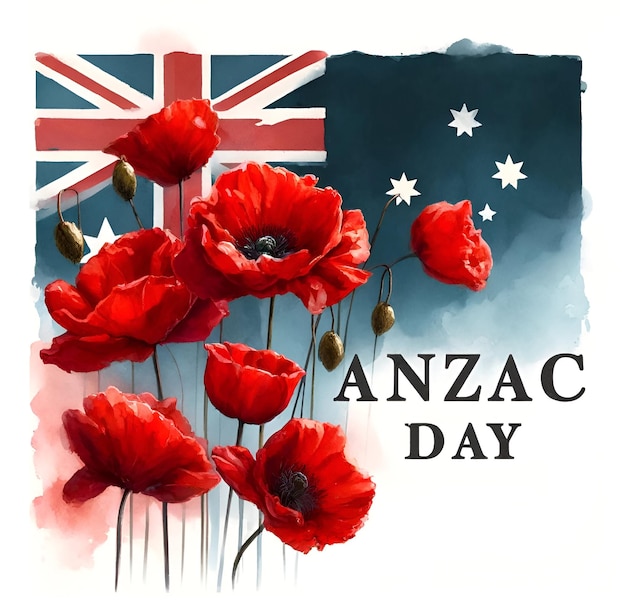 Ilustracja akwarelowa na Dzień Anzac z czerwonymi kwiatami maków i flagą Australii