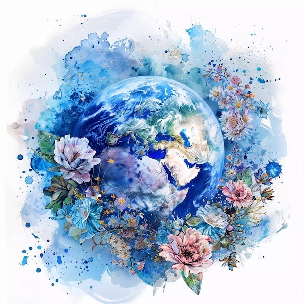 Zdjęcie ilustracja akwarelowa planety ziemia z dekoracją kwiatową sketch tatuażu dzień ziemi