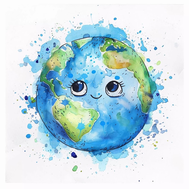 Zdjęcie ilustracja akwarelowa planety ziemia z wesołymi emocjami i uśmiechem dzień ziemi