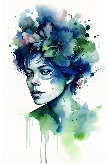 Ilustracja akwarelowa portretu kobiety z kwiatami na głowie wygenerowana przez Ai