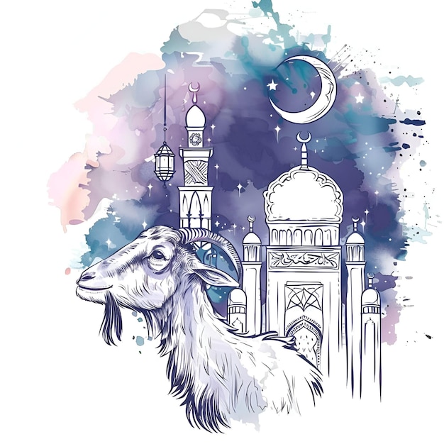 Zdjęcie ilustracja akwarelowa poświęcenia eid al adha dla postów w mediach społecznościowych z owcami i meczetem