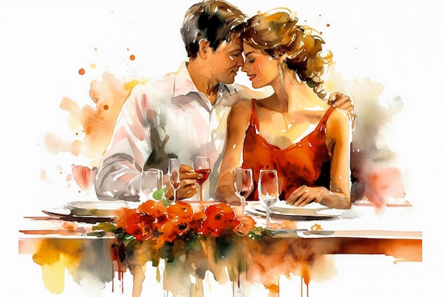 ilustracja akwarelowa przedstawia zakochaną parę jedzącą śniadanie w uroczej kawiarni