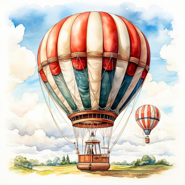 Ilustracja akwarelowa przedstawiająca balon gotowy do startu w przyrodzie