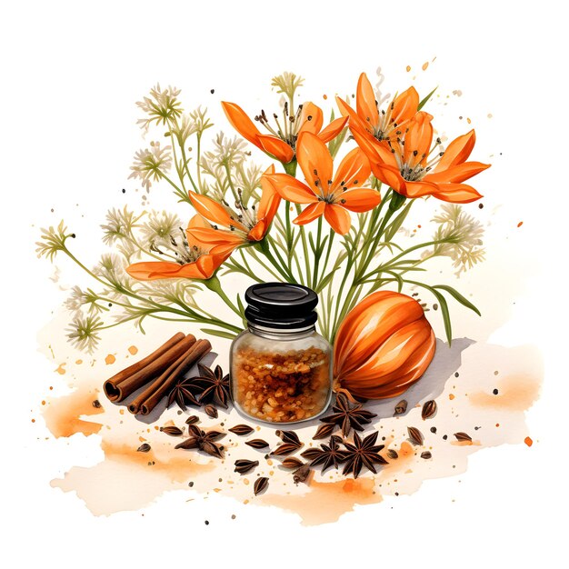 Ilustracja akwarelowa Przyprawy kuchenne Rzęsy cynamonowe i kwiaty