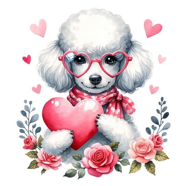 Ilustracja akwarelowa psa pudla walentyńskiego trzymającego serce w łapach