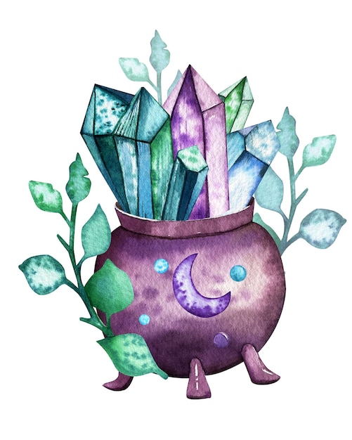 Ilustracja akwarelowa ręcznie narysowany kotel czarownic z kolorowymi kryształami wewnątrz i zielonymi gałązkami
