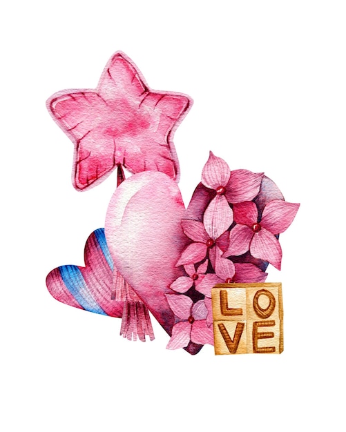 Ilustracja akwarelowa różowe serce z kwiatami różowe balony inskrypcja miłość Dzień Walentynek