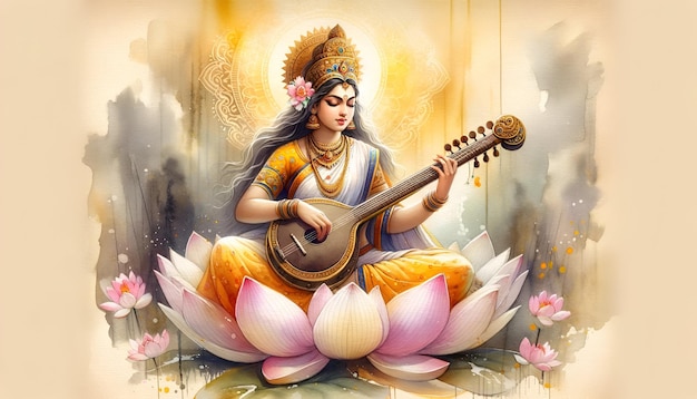 Ilustracja akwarelowa Saraswati grającej veenę dla vasant panchami