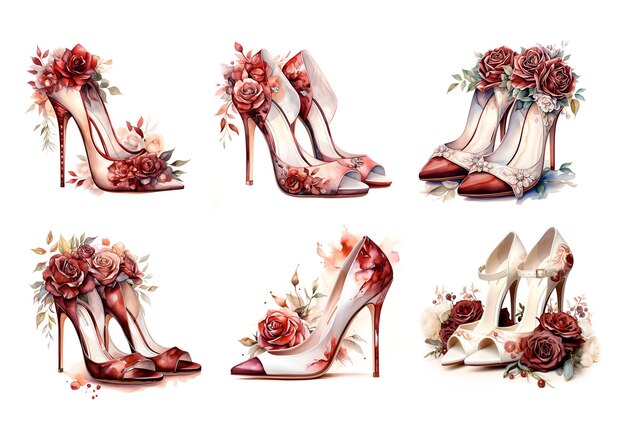 Ilustracja akwarelowa ślubne buty dla panny młodej czerwony marsala