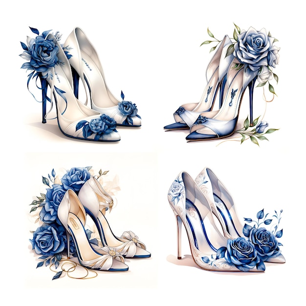 Ilustracja akwarelowa ślubne buty dla panny młodej niebieskie