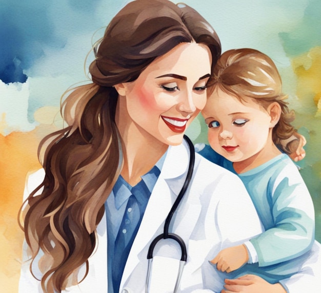 Ilustracja akwarelowa Światowy Dzień Zdrowia młoda kobieta lekarz trzymająca dziecko w ramionach pediatra
