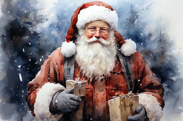 Ilustracja akwarelowa Świętego Mikołaja na tle zimowego lasu świątecznego Ai generatywna sztuka