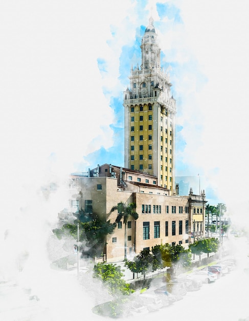 Ilustracja akwarelowa widoku centrum Miami