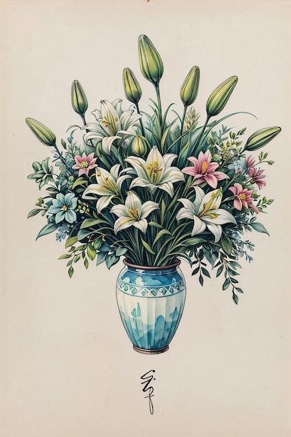 Zdjęcie ilustracja akwarelowa z bukietem lilii w garnku
