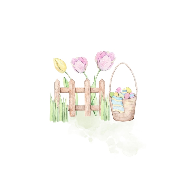 Ilustracja akwarelowa z jajkami wielkanocnymi i tulipanami