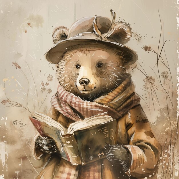 Ilustracja akwarelowa z niedźwiedziem trzymającym książkę