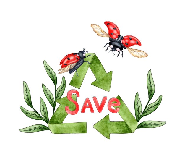 Ilustracja akwarelowa zielonego znaku recyklingu z kiełkami, marionetkami i literami SAVE Symbol ponownego wykorzystania projektowania ekologicznego Bezodpadowy styl życia Izolowany na białym tle Ręcznie narysowany