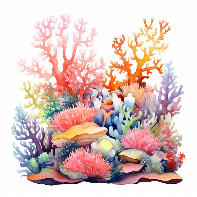 ilustracja akwarelowego obrazu rafy koralowej z koralowcami i innymi gatunkami życia morskiego