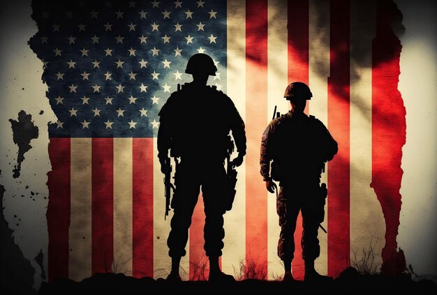 ilustracja amerykańskich żołnierzy przed amerykańską flagą obraz wygenerowany przez AI