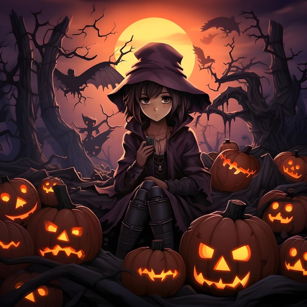 Ilustracja anime przedstawiająca zabawny post w mediach społecznościowych na imprezę Halloween