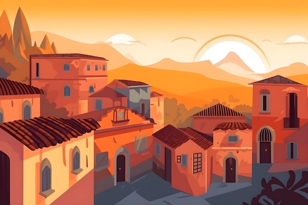 Ilustracja animowana przedstawiająca południowoamerykańską wioskę z zachodem słońca w tle