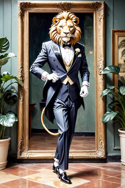 Zdjęcie ilustracja antropomorficznego lwa w smokingu