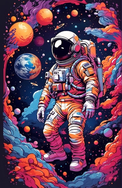 Ilustracja astronauta w przestrzeni kosmicznej z tęczową atmosferą 1