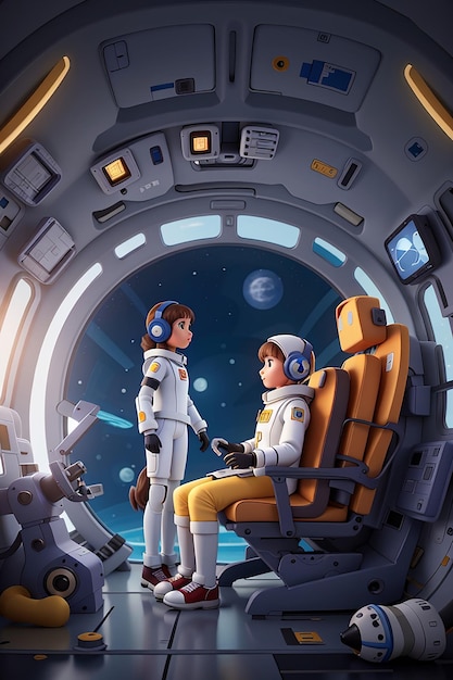 Ilustracja astronautki i robota w statku kosmicznym