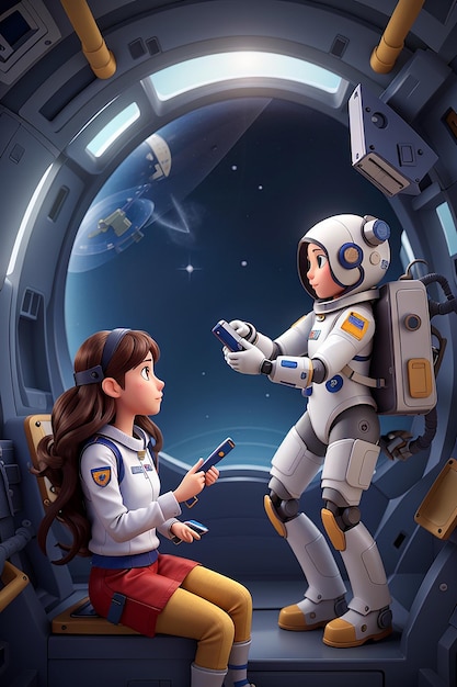 Ilustracja astronautki i robota w statku kosmicznym