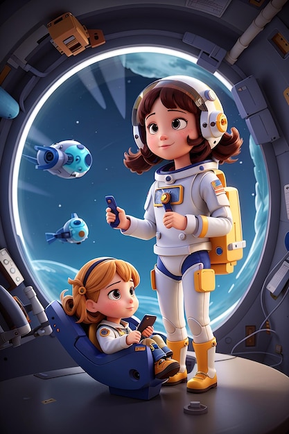 Ilustracja astronautki i robota w statku kosmicznym