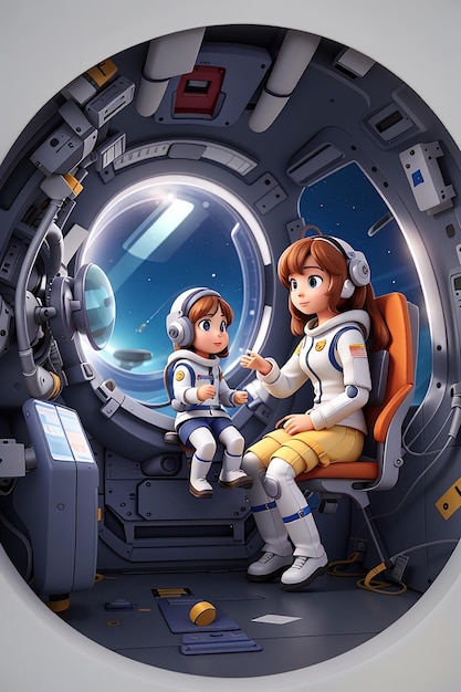 Ilustracja astronautki i robota w statku kosmicznym