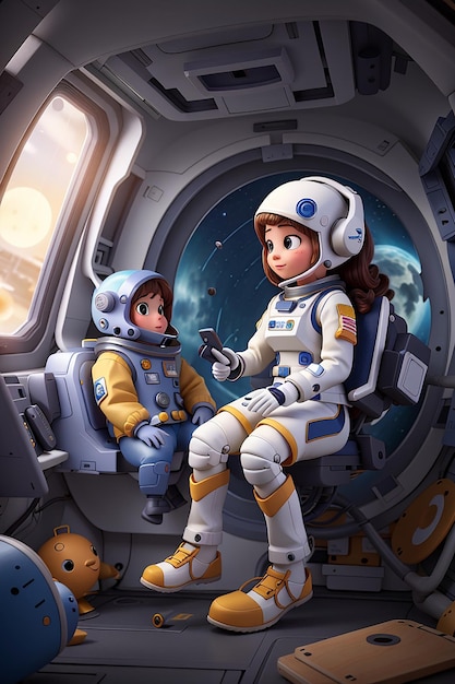 Ilustracja astronautki i robota w statku kosmicznym