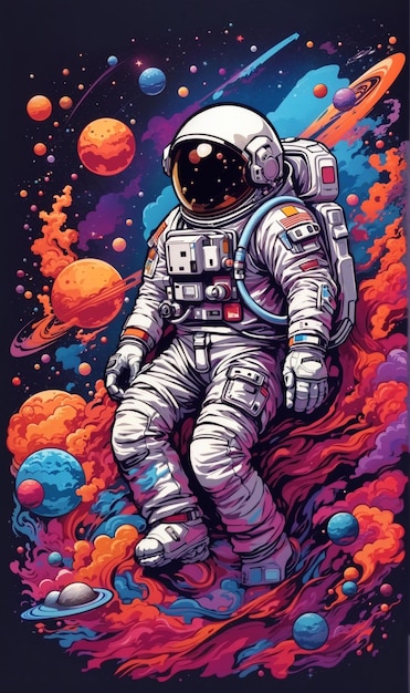 Ilustracja astronauty w przestrzeni kosmicznej z tęczową atmosferą