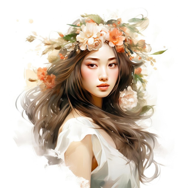 Ilustracja azjatyckiej kobiety w wieńcu kwiatów Międzynarodowy Dzień Kobiet wiosna