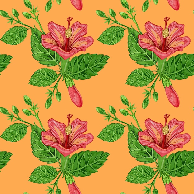Ilustracja bezszwowego wzoru roślin hibiskusa, kwiatów i liści rośliny na tle
