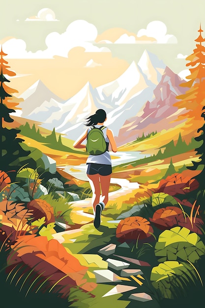 Zdjęcie ilustracja bieganie cross-country przyroda i przygoda natural color sch flat 2d sport art poster