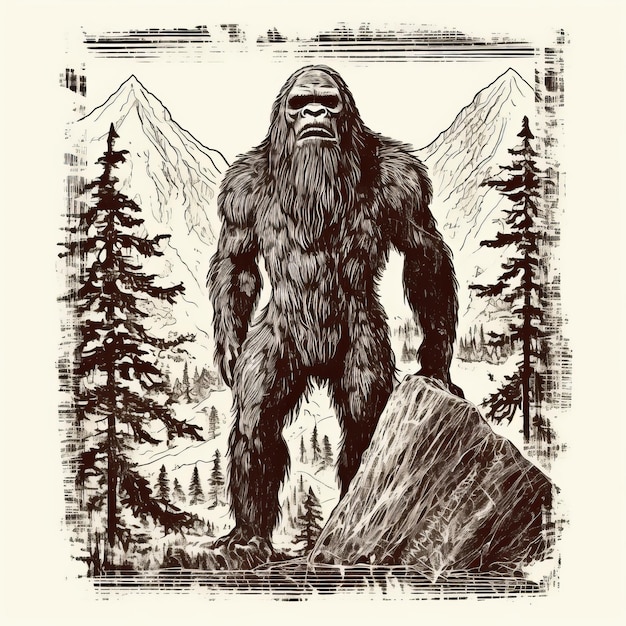 Zdjęcie ilustracja bigfoota w stylu vintage w górskim lesie