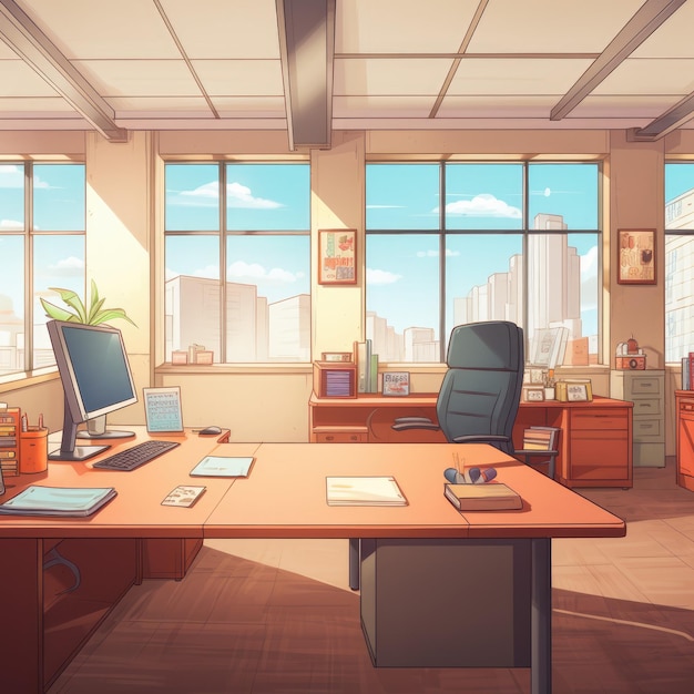 Ilustracja biura dyrektora w stylu anime lub kreskówki Ma szerokie okna