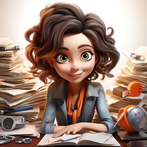 Zdjęcie ilustracja biznesmenki z kreskówek pracującej przy biurku z książkami