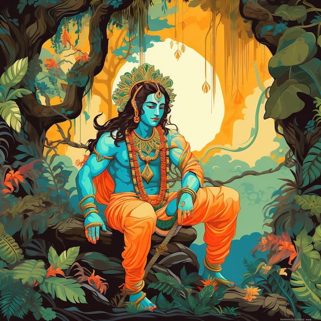 ilustracja Boga Kryszny siedzącego w dżungli na gałęzi drzewa