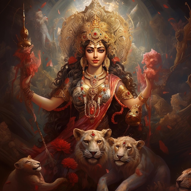 Ilustracja bogini Durga dla Happy Durga Puja lub Subh Navratri Generative Ai