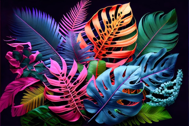 Ilustracja botaniczna 3D deseń tła kolorowych liści Generative AI