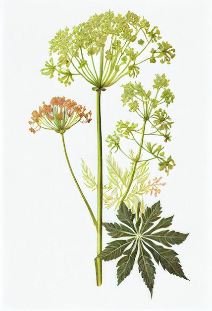 Ilustracja botaniczna arcydzięgla Archangelica roślina lecznicza abstrakcyjna generatywna ilustracja AI