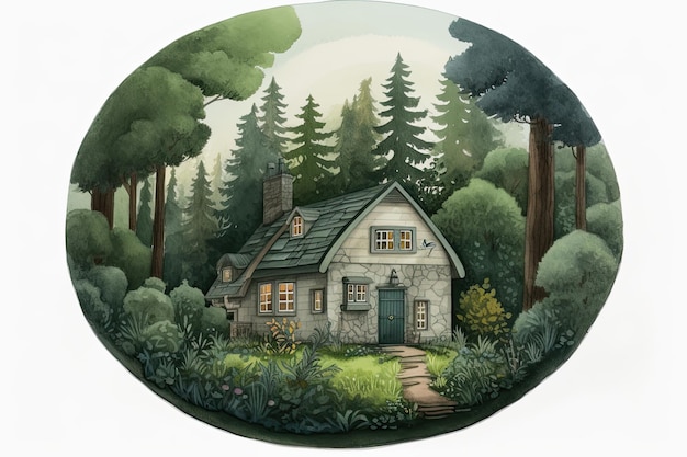 Ilustracja botaniczna domu rysunkowego w lesie z zielonymi tonami Generacyjna sztuczna inteligencja