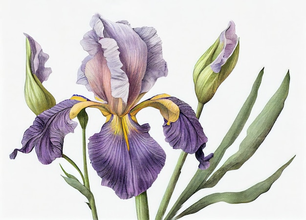 Ilustracja botaniczna kwiatu tęczówki Niebieskie wiosenne kwiaty Realistyczne malarstwo Abstrakcyjna ilustracja generatywna AI