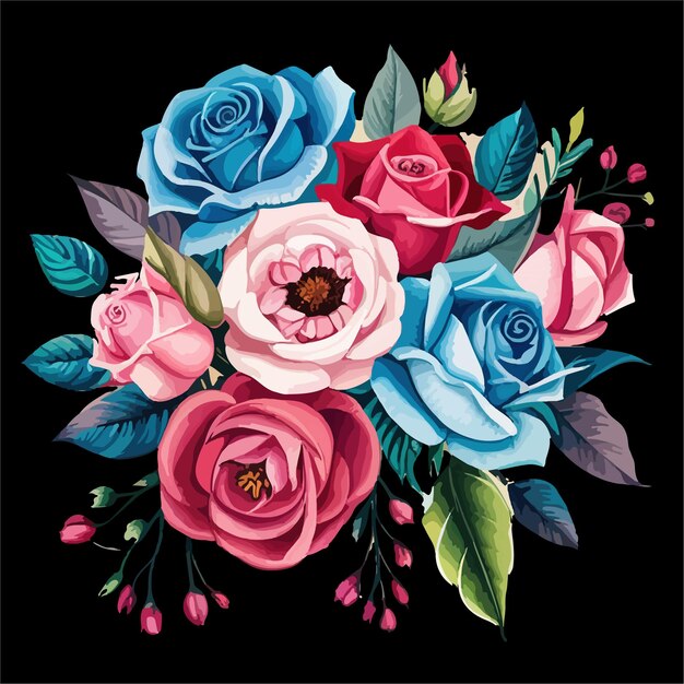 Ilustracja bukietu kwiatowego czerwone białe i niebieskie kwiaty róże układ malarstwo botaniczne odizolowane