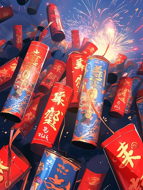 Zdjęcie ilustracja chińskie noworoczne fajerwerki w kolorze niebieskim